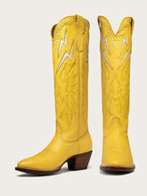 Yellow Inlay Lightning Knee High Boots Stitch Slip-On Round Cowgirl Heeled Boots